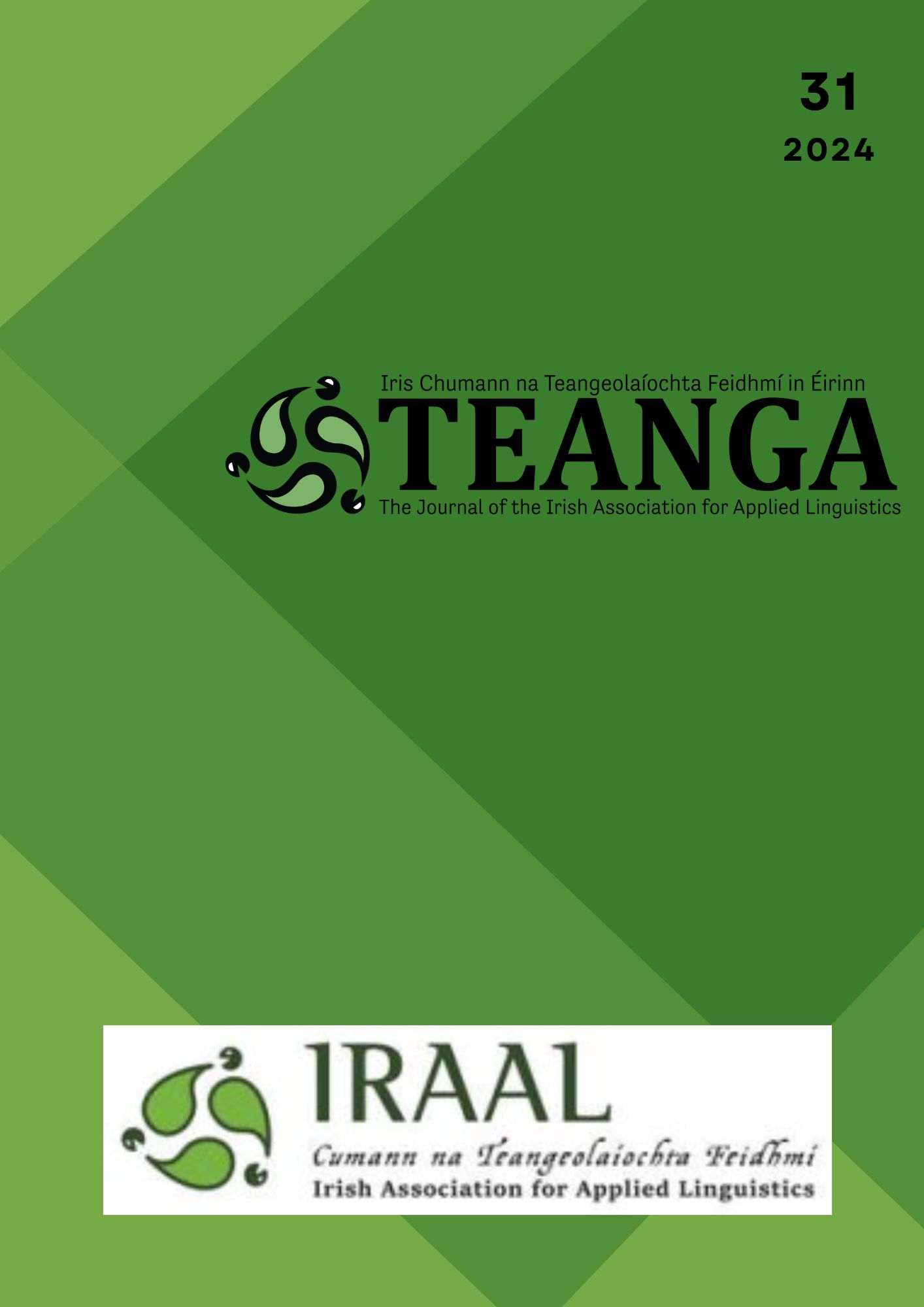 Green background with Teanga and IRAAL logos, issue number and year